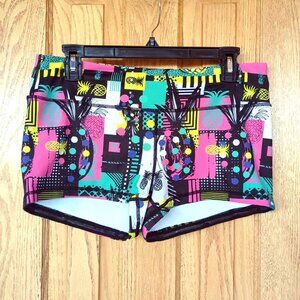 WODBottom pineapple 80s pink yellow teal mid-rise 2.5" gym shorts XL crossfit